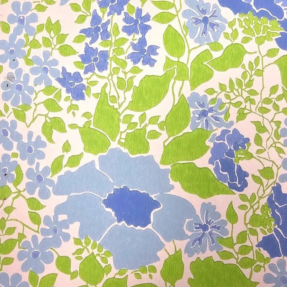 Vintage Wallpaper Sample Sheet 70s Floral Blue Flowers Craft Supply Dollhouse